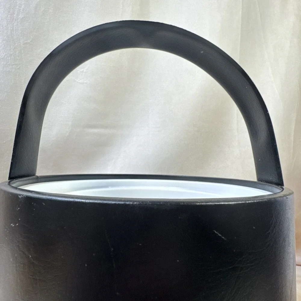 Vintage Black Faux Leather Ice Bucket with Lid‎ and Handle Mid Century Barware